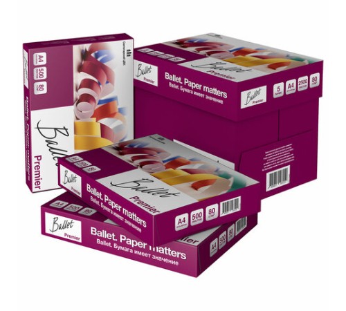 Бумага офисная А4, 80 г/м2, 500 л., марка А, BALLET PREMIER, Россия, 160% (CIE)