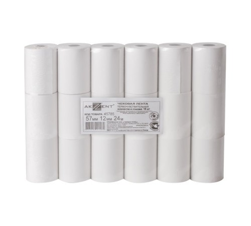 Чековая лента ТЕРМОБУМАГА 57 мм (диаметр 40 мм, длина 24 м, втулка 12 мм) КОМПЛЕКТ 18 шт., AKZENT