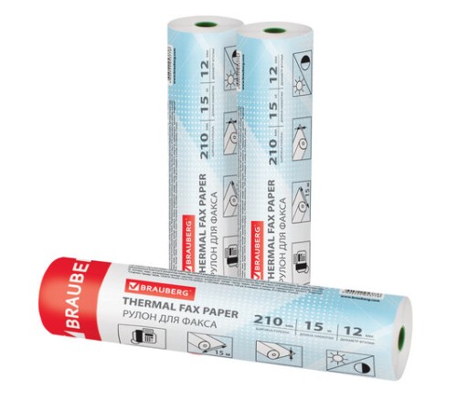 Рулон для факса 210 мм (диаметр 35 мм, длина 15 м, втулка 12 мм), BRAUBERG, 110377