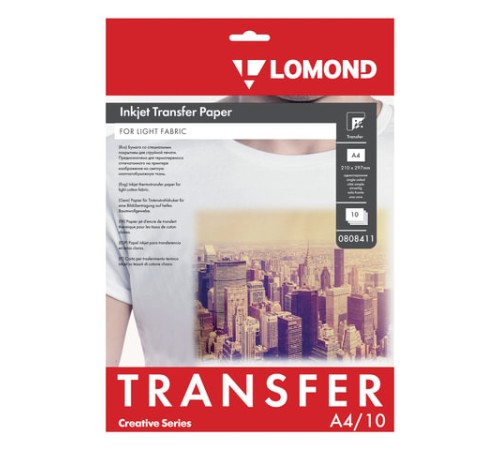 Бумага термотрансферная LOMOND для светлых тканей, А4, 10 шт., 140 г/м2, 0808411