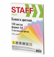 Бумага цветная STAFF, А4, 80 г/м2, 100 л., (5 цветов х 20 л.), пастель, для офиса и дома, 110889