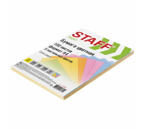 Бумага цветная STAFF, А4, 80 г/м2, 100 л., (5 цветов х 20 л.), пастель, для офиса и дома, 110889