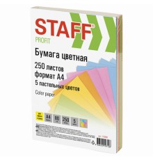 Бумага цветная STAFF, А4, 80 г/м2, 250 л., (5 цветов х 50 л.), пастель, для офиса и дома, 110890