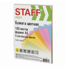 Бумага цветная STAFF МАЛОГО ФОРМАТА, А5, 80 г/м2, 100 л. (5 цветов х 20 л.), цветная пастель, 110891