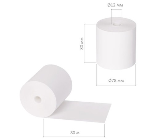 Чековая лента ТЕРМОБУМАГА 80 мм (диаметр 78 мм, длина 80 м, втулка 12 мм) КОМПЛЕКТ 6 шт., BRAUBERG, 110895