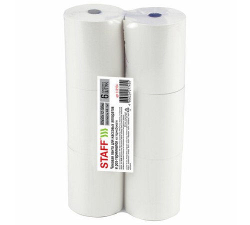 Чековая лента ТЕРМОБУМАГА 80 мм (диаметр 65 мм, длина 50 м, втулка 12 мм), КОМПЛЕКТ 6 шт., 44 г/м2, STAFF, 111954