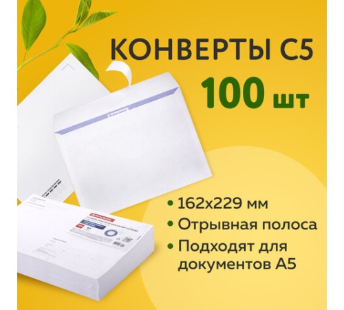 Конверты С5 (162х229 мм), отрывная лента, Куда-Кому, внутренняя запечатка, 80 г/м2, КОМПЛЕКТ 100 шт., BRAUBERG, 112188
