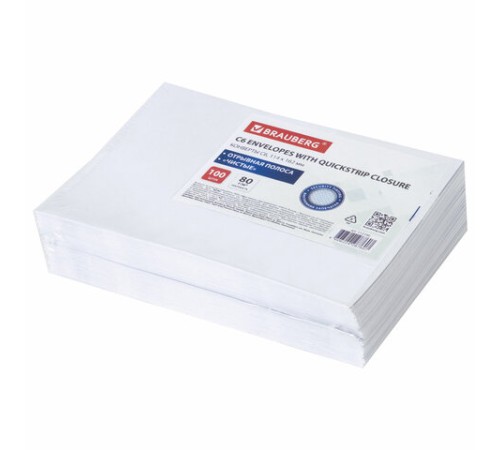 Конверты С6 (114х162 мм), отрывная лента, внутренняя запечатка, 80 г/м2, КОМПЛЕКТ 100 шт., BRAUBERG, 112190