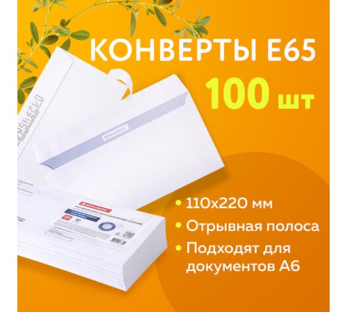 Конверты Е65 (110х220 мм), отрывная лента, Куда-Кому, внутренняя запечатка, КОМПЛЕКТ 100 шт., BRAUBERG, 112195