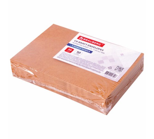 Конверты С6 (114х162 мм) КРАФТ, клей, 90 г/м2, КОМПЛЕКТ 50 шт., треугольный клапан, BRAUBERG, 112363