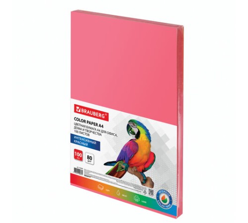 Бумага цветная BRAUBERG, А4, 80 г/м2, 100 л., интенсив, красная, для офисной техники, 112449