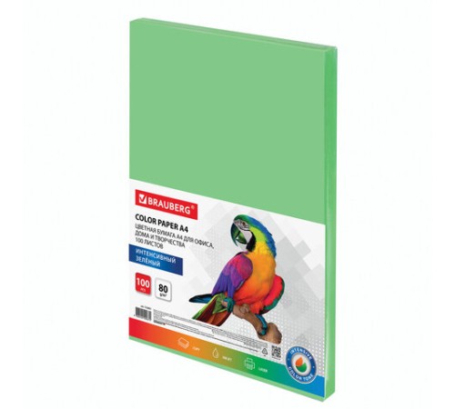 Бумага цветная BRAUBERG, А4, 80 г/м2, 100 л., интенсив, зеленая, для офисной техники, 112451