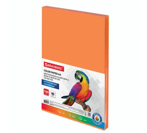 Бумага цветная BRAUBERG, А4, 80 г/м2, 100 л., интенсив, оранжевая, для офисной техники, 112452