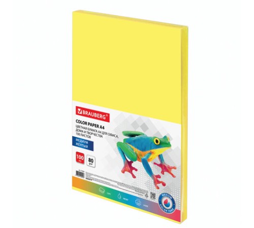 Бумага цветная BRAUBERG, А4, 80 г/м2, 100 л., медиум, желтая, для офисной техники, 112454