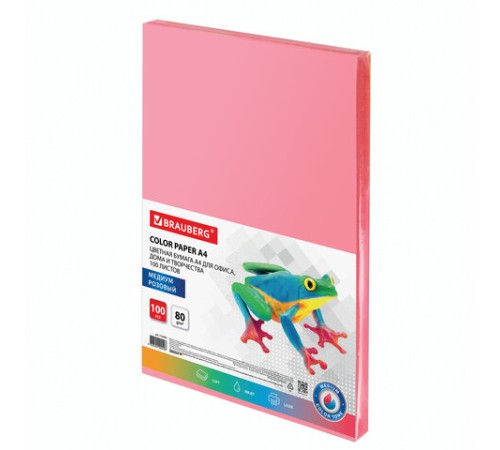 Бумага цветная BRAUBERG, А4, 80 г/м2, 100 л., медиум, розовая, для офисной техники, 112455