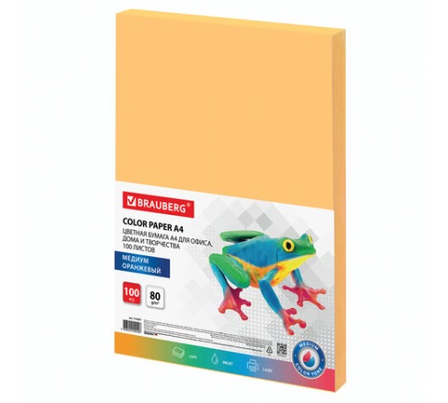 Бумага цветная BRAUBERG, А4, 80 г/м2, 100 л., медиум, оранжевая, для офисной техники, 112457
