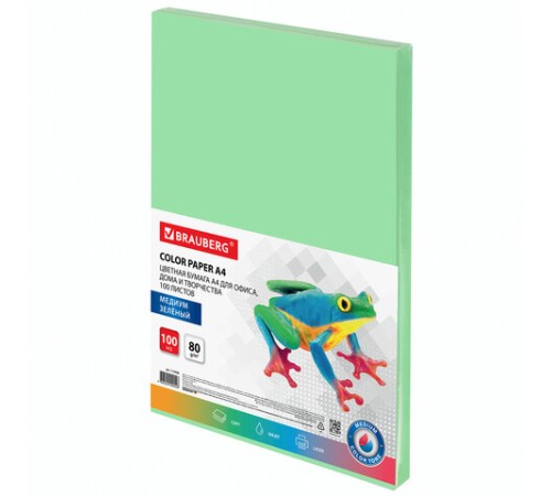 Бумага цветная BRAUBERG, А4, 80 г/м2, 100 л., медиум, зеленая, для офисной техники, 112458