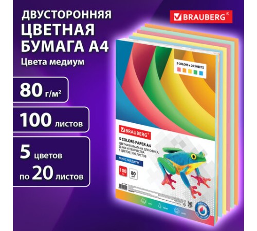 Бумага цветная BRAUBERG, А4, 80 г/м2, 100 л. (5 цветов х 20 листов), медиум, для офисной техники, 112462