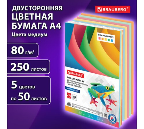 Бумага цветная BRAUBERG, А4, 80 г/м2, 250 л. (5 цветов х 50 листов), медиум, для офисной техники, 112465