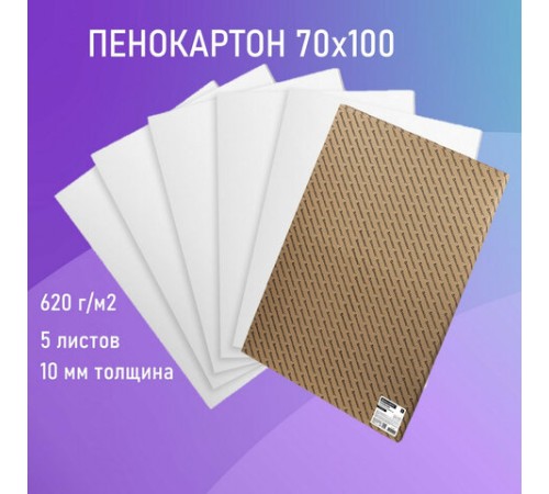 Пенокартон матовый, 70х100 см, толщина 10 мм, белый, КОМПЛЕКТ 5 листов, BRAUBERG, 112476