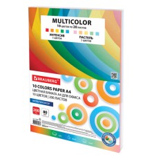 Бумага цветная 10 цветов BRAUBERG MULTICOLOR, А4, 80 г/м2, 200 л. (10 цветов x 20 листов), 114209