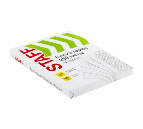 Бумага писчая А4, 65 г/м2, 250 л., Россия, белизна 92% (ISO), STAFF, 114214