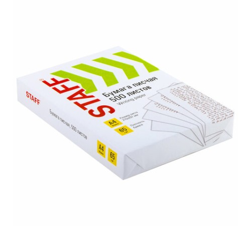 Бумага писчая А4, 65 г/м2, 500 л., Россия, белизна 92% (ISO), STAFF, 114215