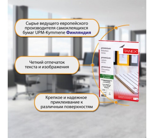 Этикетка самоклеящаяся 210х297 мм, 1 этикетка, белая, 70 г/м2, 50 листов, TANEX, сырье Финляндия, 114527, TW-2000