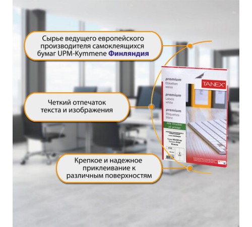 Этикетка самоклеящаяся 105х148,5 мм, 4 этикетки, белая, 70 г/м2, 50 листов, TANEX, сырье Финляндия, 114529, TW-2204