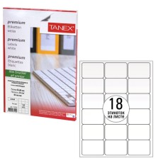 Этикетка самоклеящаяся 67х46 мм, 18 этикеток, белая, 70 г/м2, 50 листов, TANEX, сырье Финляндия, 114535, TW-2067