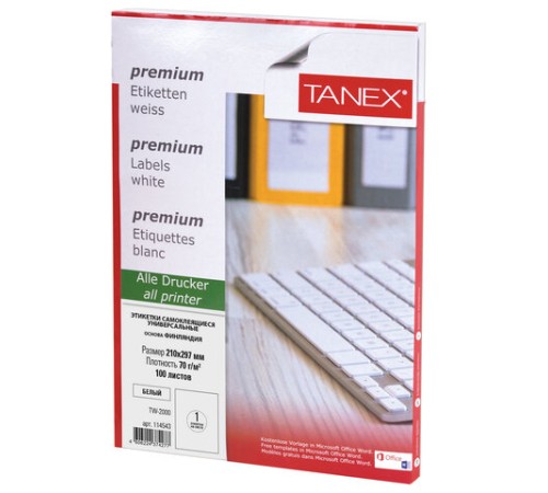 Этикетка самоклеящаяся 210х297 мм, 1 этикетка, белая, 70 г/м2, 100 листов, TANEX, сырье Финляндия, 114543, TW-2000