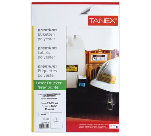 Этикетка самоклеящаяся ВСЕПОГОДНАЯ 210х297 мм, 1 этикетка, полиэстер, белая, 25 листов, TANEX, сырье Финляндия, 114545, TW-2000