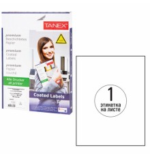 Этикетка самоклеящаяся ГЛЯНЦЕВАЯ 210х297 мм, 1 этикетка, белая, 80 г/м2, 100 листов, TANEX, сырье Финляндия, 114547, TW-2000