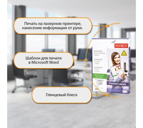 Этикетка самоклеящаяся ГЛЯНЦЕВАЯ 210х297 мм, 1 этикетка, белая, 80 г/м2, 100 листов, TANEX, сырье Финляндия, 114547, TW-2000