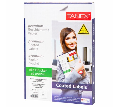 Этикетка самоклеящаяся ГЛЯНЦЕВАЯ 210х297 мм, 1 этикетка, белая, 80 г/м2, 100 листов, TANEX, сырье Финляндия, 114547, TW-2000