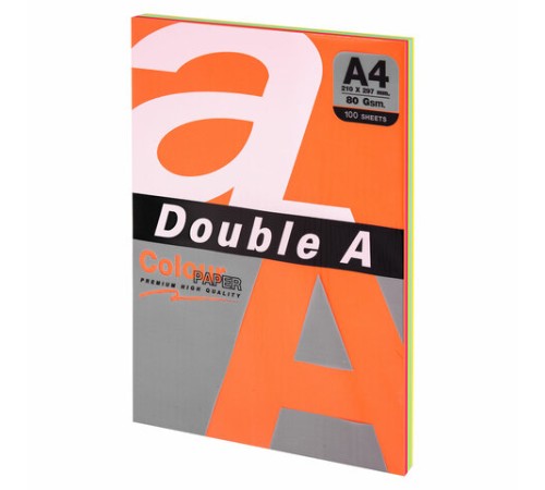 Бумага цветная DOUBLE A, А4, 80 г/м2, 100 л., 5 цветов x 20 л., микс интенсив