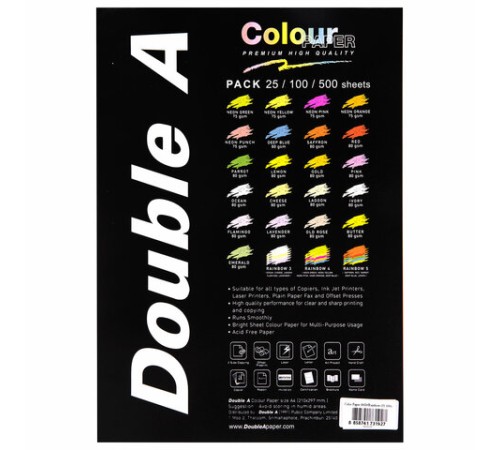Бумага цветная DOUBLE A, А4, 80 г/м2, 100 л., 5 цветов x 20 л., микс интенсив