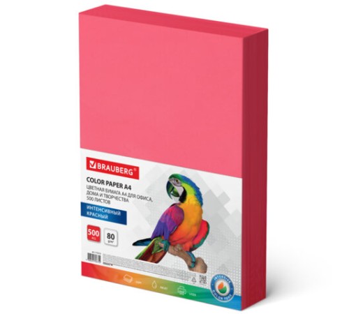 Бумага цветная BRAUBERG, А4, 80 г/м2, 500 л., интенсив, красная, для офисной техники, 115215