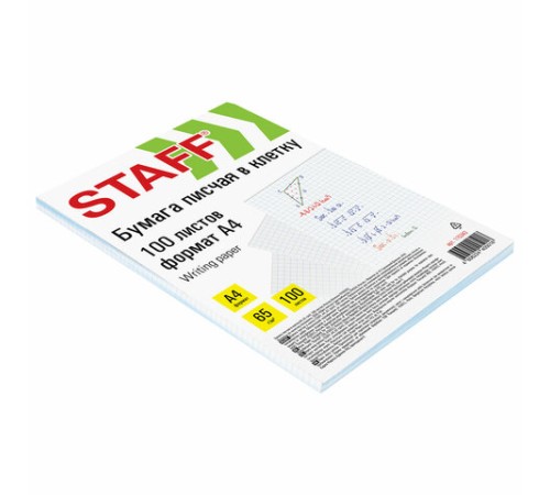 Бумага писчая в клетку А4, 65 г/м2, 100 листов, Россия, белизна 92% (ISO), STAFF, 115343
