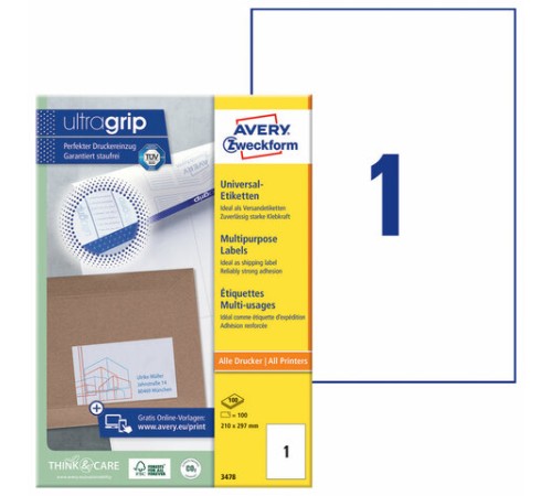 Этикетка самоклеящаяся 210х297 мм, 1 этикетка, белая, 100 листов, Avery Zweckform, 3478