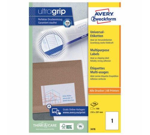Этикетка самоклеящаяся 210х297 мм, 1 этикетка, белая, 100 листов, Avery Zweckform, 3478