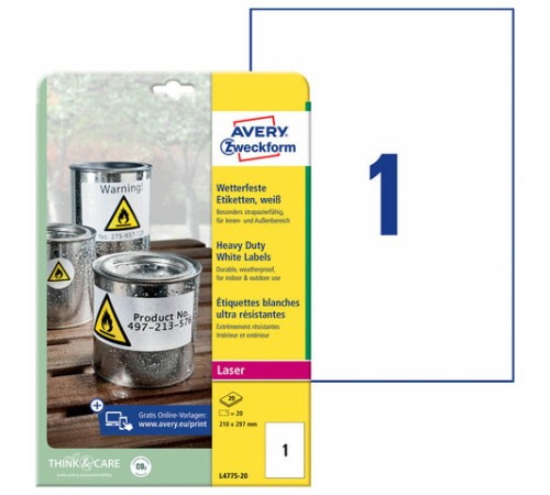 Этикетка самоклеящаяся ВСЕПОГОДНАЯ 210x297 мм, 1 этикетка, полиэстер, белая, 20 листов, Avery Zweckform, L4775-20