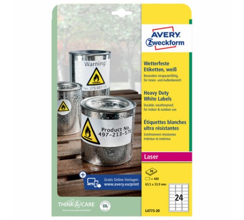 Этикетка самоклеящаяся ВСЕПОГОДНАЯ 63,5х33,9 мм, 24 этикетки, полиэстер, белая, 20 листов, Avery L4773-20