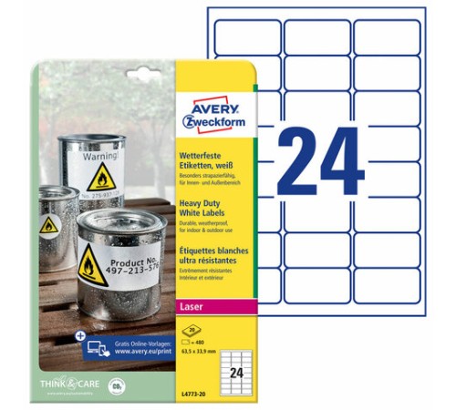 Этикетка самоклеящаяся ВСЕПОГОДНАЯ 63,5х33,9 мм, 24 этикетки, полиэстер, белая, 20 листов, Avery L4773-20