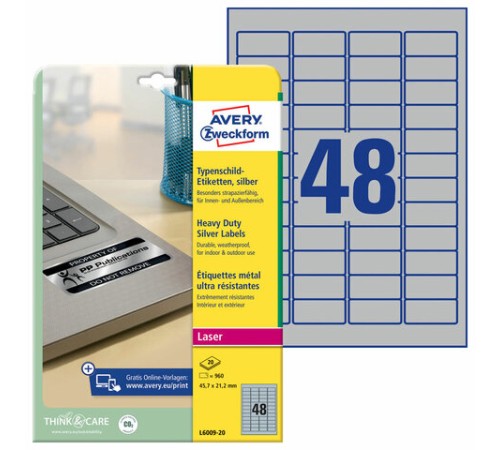Этикетка самоклеящаяся 45,7х21,2 мм, 48 этикеток, полиэстер, серебро, 20 листов, Avery Zweckform, L6009-20