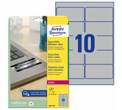 Этикетка самоклеящаяся 96x50,8 мм, 10 этикеток, полиэстер, серебро, 20 листов, Avery Zweckform, L6012-20
