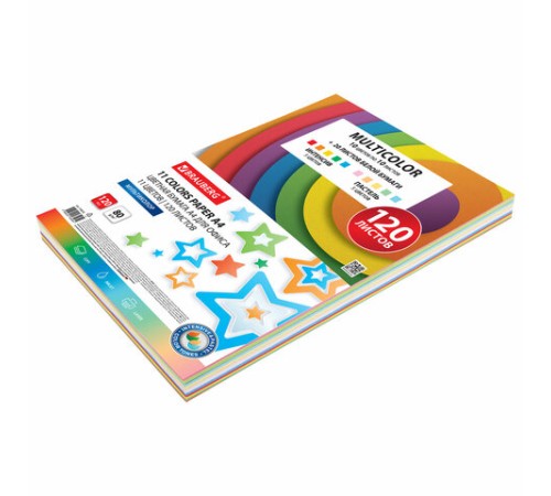 Бумага цветная 11 цветов BRAUBERG MULTICOLOR, А4, 80 г/м2, 120 л. (10 цветов x 10 листов + 20 белых листов), 116012