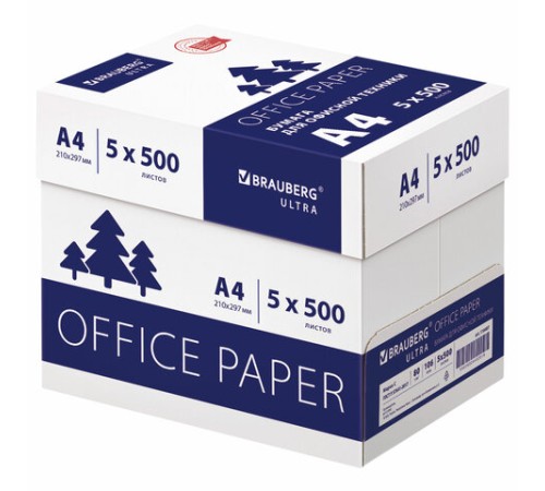 Бумага офисная А4, 80 г/м2, 500 л., марка С, белизна 146% (CIE), BRAUBERG ULTRA, 116407