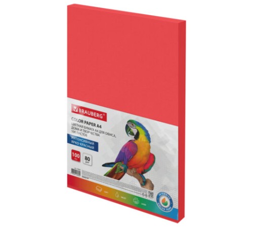 Бумага цветная BRAUBERG, А4, 80 г/м2, 100 л., интенсив, ЯРКО-КРАСНАЯ, для офисной техники, 116562