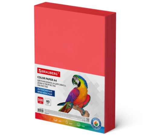 Бумага цветная BRAUBERG, А4, 80 г/м2, 500 л., интенсив, ЯРКО-КРАСНАЯ, для офисной техники, 116563